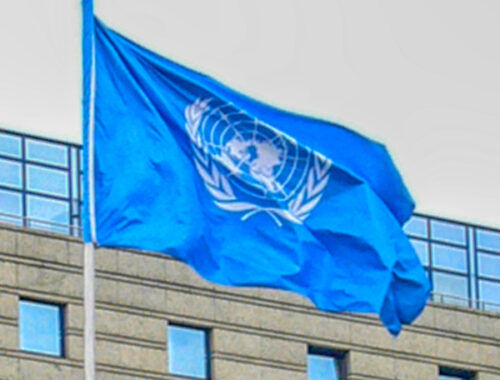 United Nations flag flying over the UNFCCC offices in Bonn, Germany